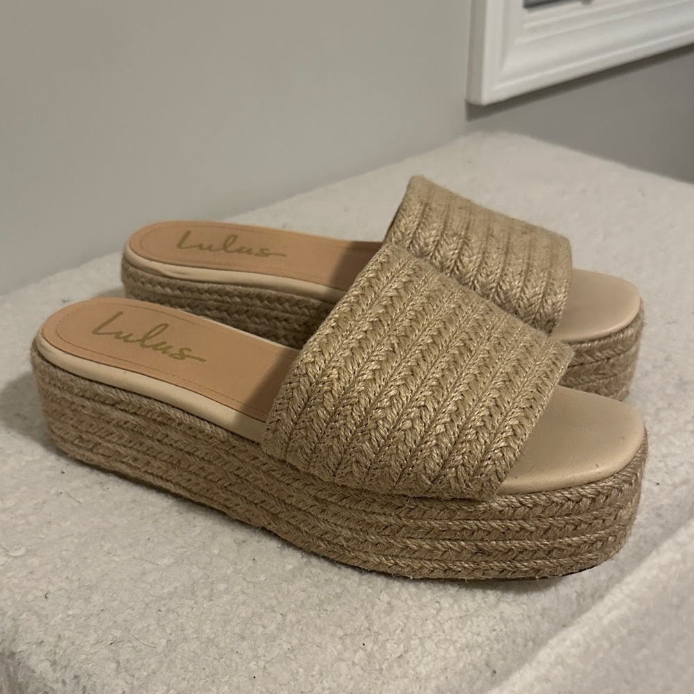 Lulu's Beige Woven Platform Slides